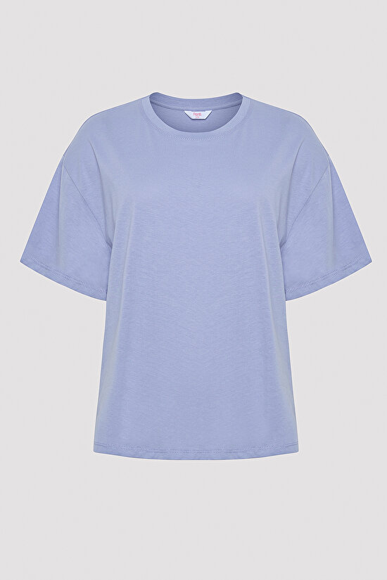 Lila Slogan Baskılı Oversize Tişört - 8