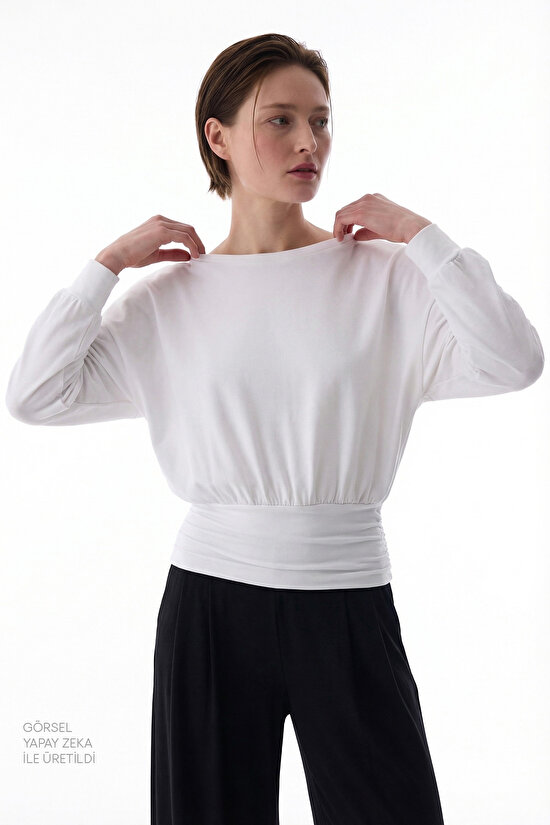 Beyaz Bel Detaylı Bisiklet Yaka Uzun Kollu Üst - 2