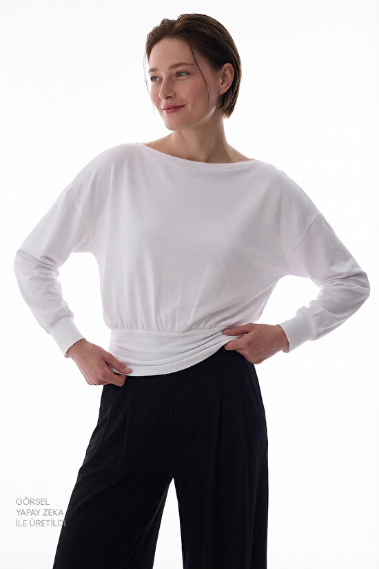 Beyaz Bel Detaylı Bisiklet Yaka Uzun Kollu Üst - 3