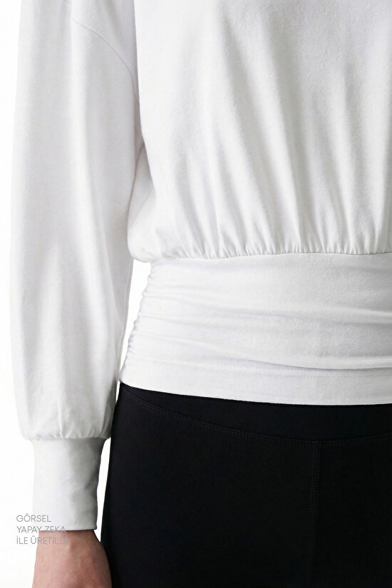Beyaz Bel Detaylı Bisiklet Yaka Uzun Kollu Üst - 4