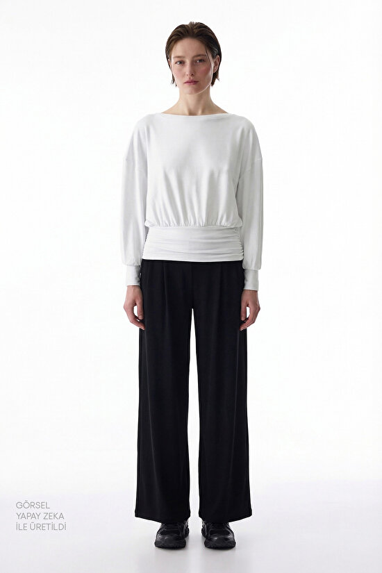 Beyaz Bel Detaylı Bisiklet Yaka Uzun Kollu Üst - 5