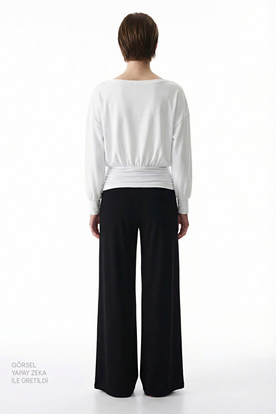 Beyaz Bel Detaylı Bisiklet Yaka Uzun Kollu Üst - 6