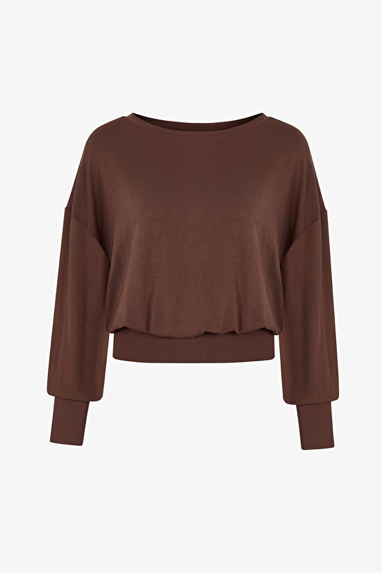 Kahverengi Boat Yaka Waist Detail Modal Üst - 1