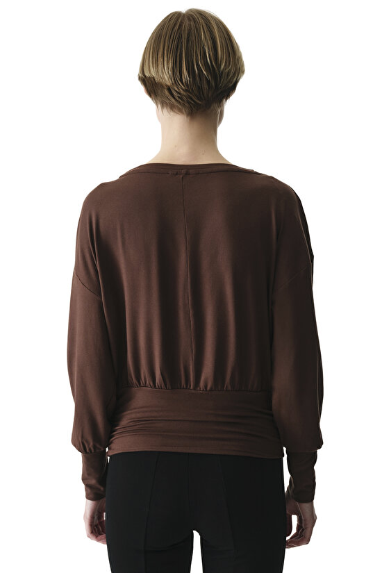 Brown Boat Neck Waist Detail Modal Top - 2