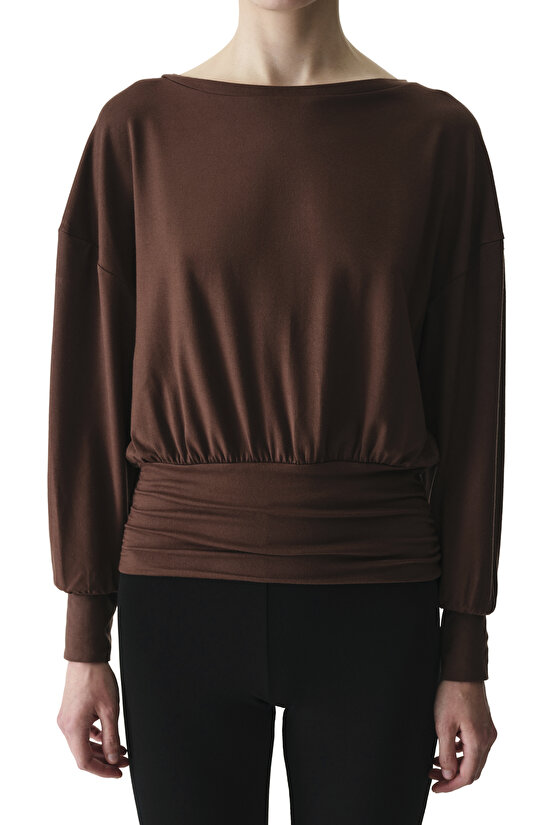 Brown Boat Neck Waist Detail Modal Top - 3