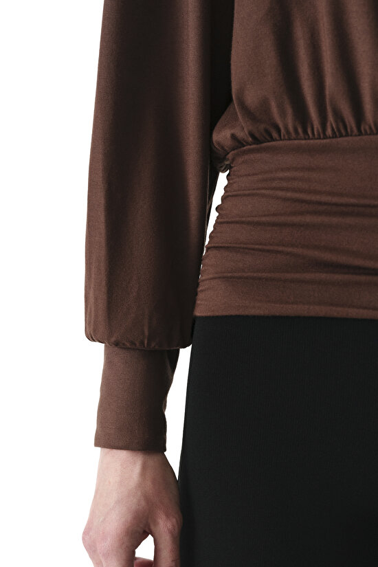 Brown Boat Neck Waist Detail Modal Top - 4