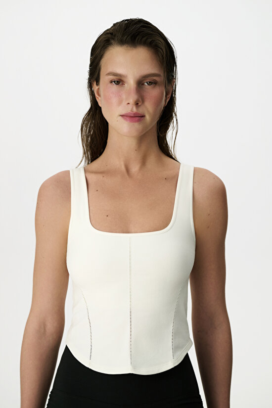 White Seamless Square Neck Corset Detail Top - 1