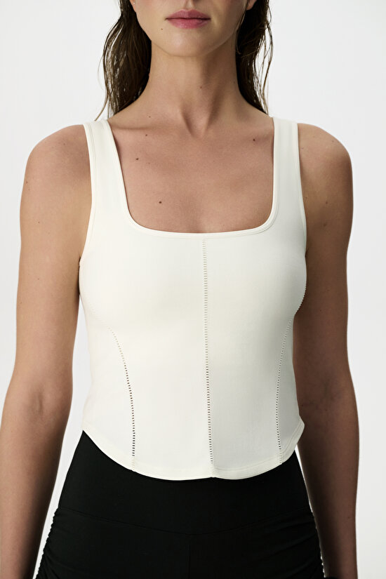 White Seamless Square Neck Corset Detail Top - 2