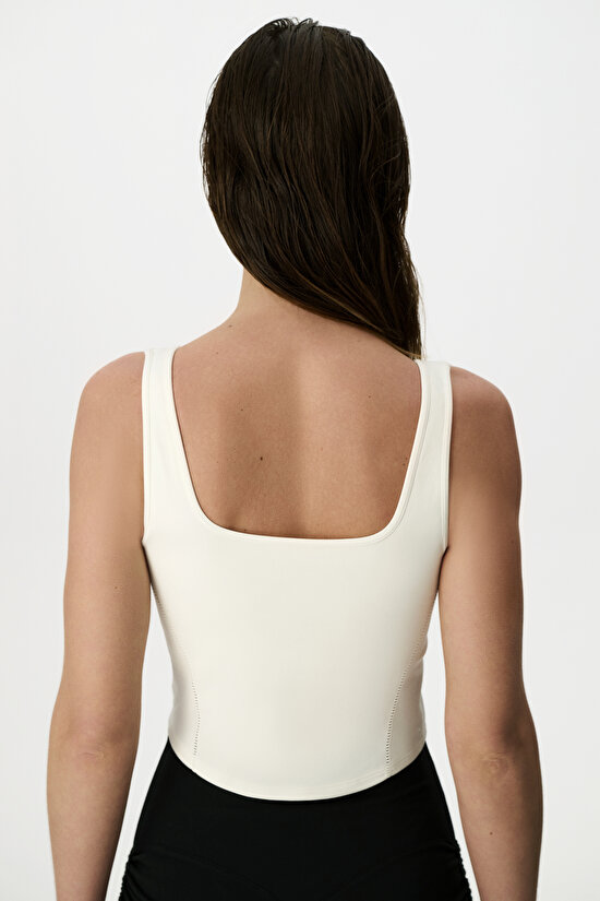White Seamless Square Neck Corset Detail Top - 4