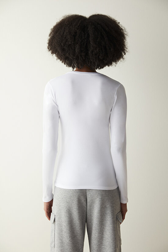 Pamuklu V Yaka Basic Beyaz Uzun Kollu Üst - 5