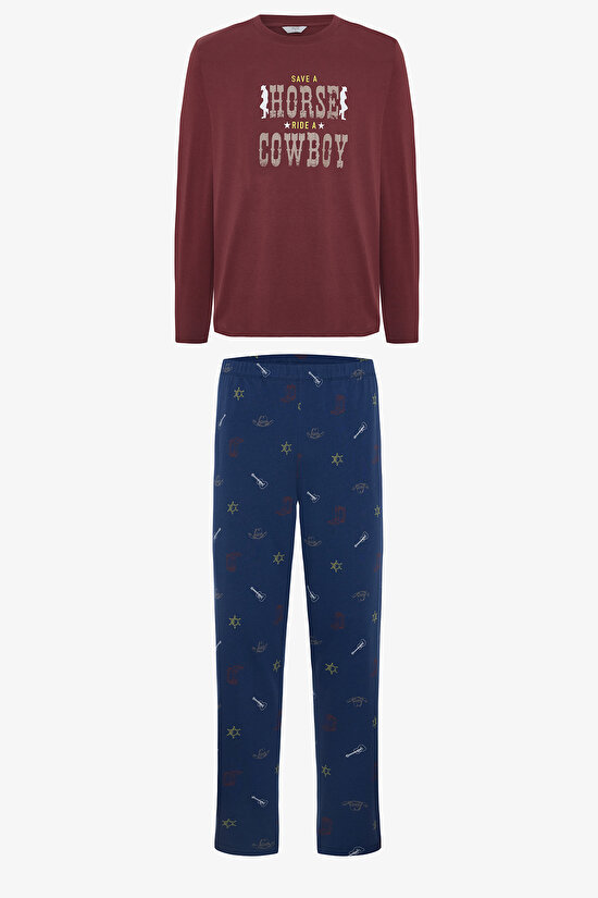 Erkek Cowboy Slogan Baskılı Pijama Takımı - 1