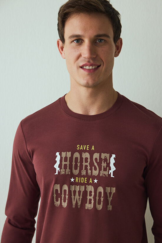Erkek Cowboy Slogan Baskılı Pijama Takımı - 3