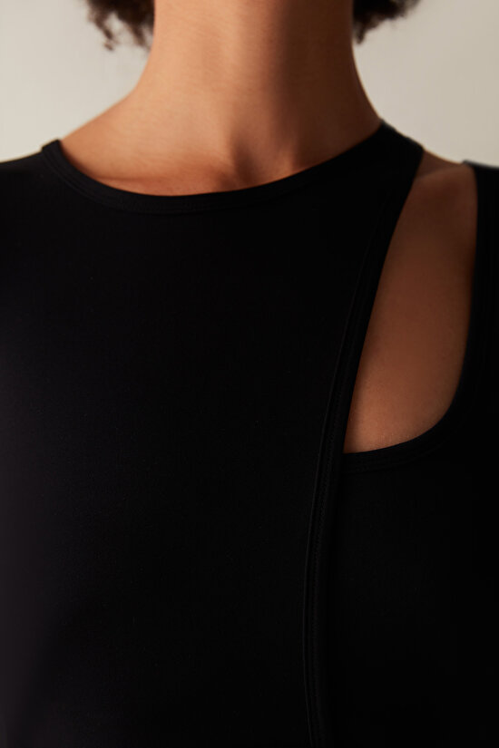 Siyah Uzun Kollu Cut Out Detay Santorini Crop Üst - 5