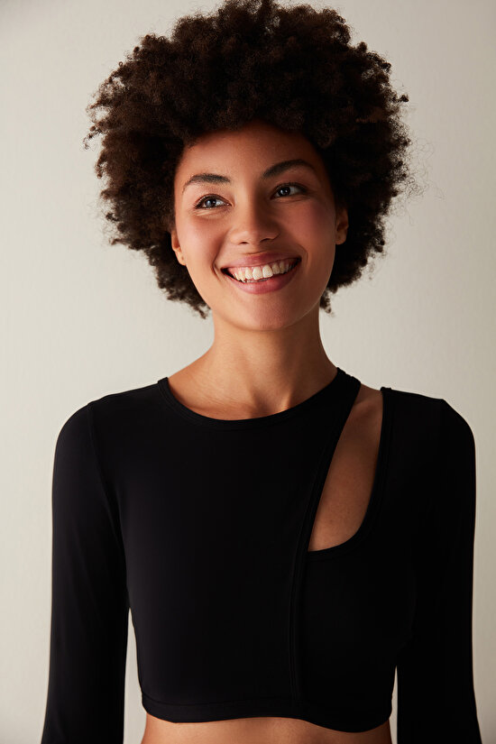 Siyah Uzun Kollu Cut Out Detay Santorini Crop Üst - 6