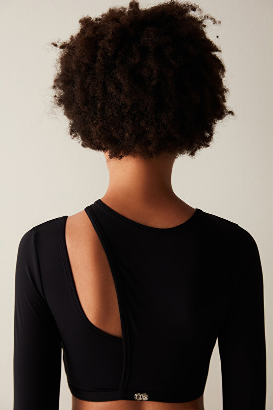 Siyah Uzun Kollu Cut Out Detay Santorini Crop Üst - 7