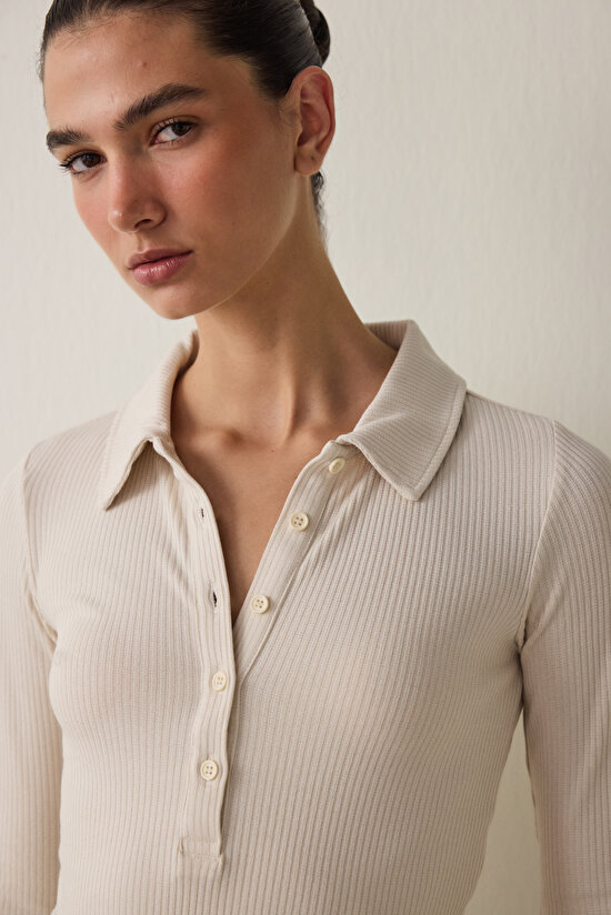 Beige Polo Collar Buttoned Long Sleeve Slim Fit Top - 3