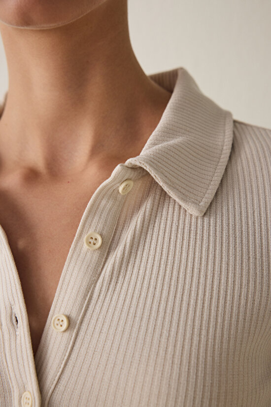 Beige Polo Collar Buttoned Long Sleeve Slim Fit Top - 4