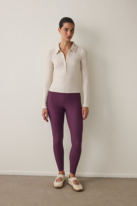 Beige Polo Collar Buttoned Long Sleeve Slim Fit Top - 6