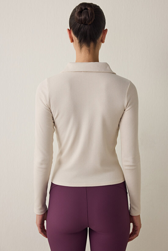 Beige Polo Collar Buttoned Long Sleeve Slim Fit Top - 7