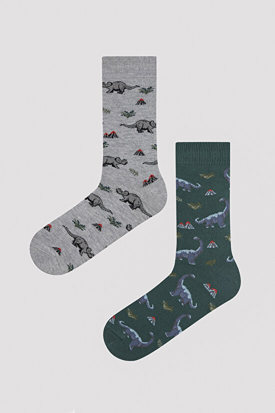 Erkek Dinozor Desenli Lacivert-Gri 2li Soket Çorap - 1