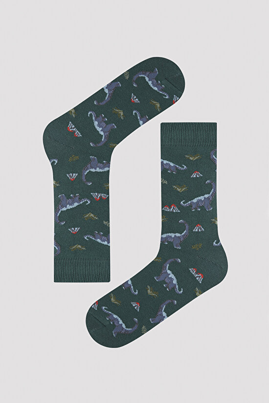 Erkek Dinozor Desenli Lacivert-Gri 2li Soket Çorap - 3