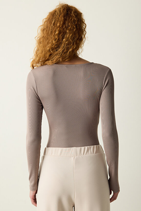 Antrasit Yaka Detay Uzun Kollu Bodysuit - 8