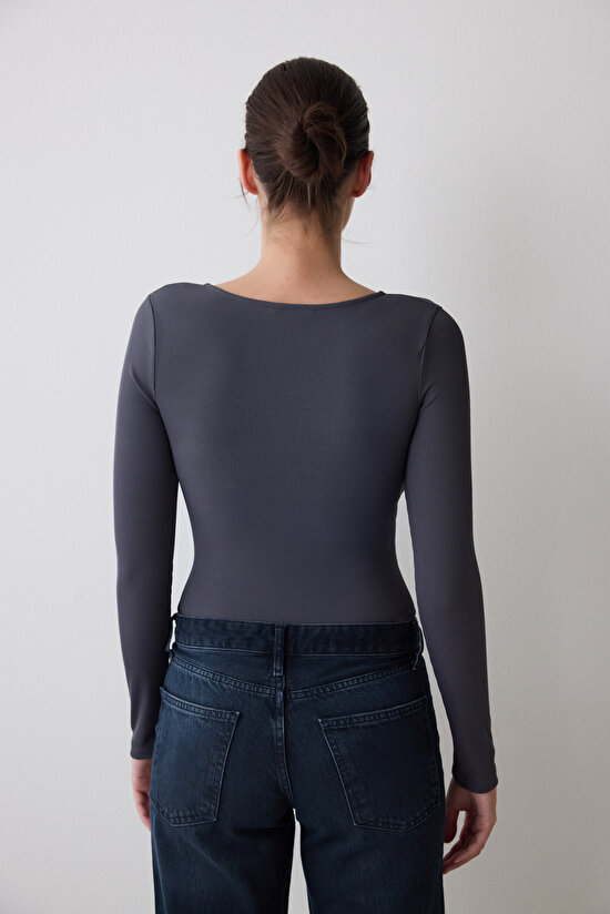 Antrasit Yaka Detay Uzun Kollu Bodysuit - 6