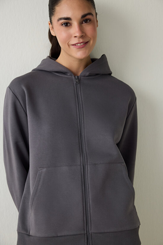 Gray Zippered Hooded Sports Sweatshirt - 3