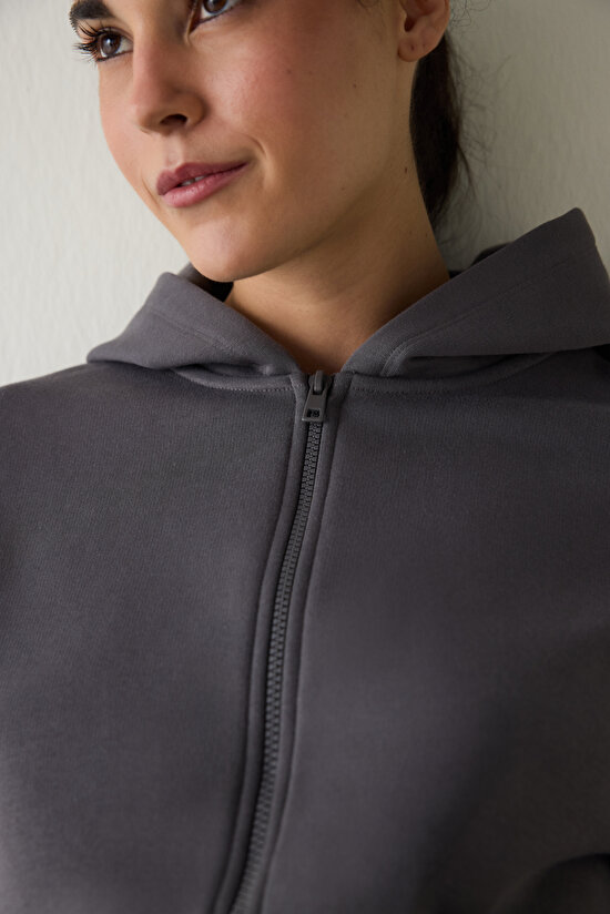 Gray Zippered Hooded Sports Sweatshirt - 4