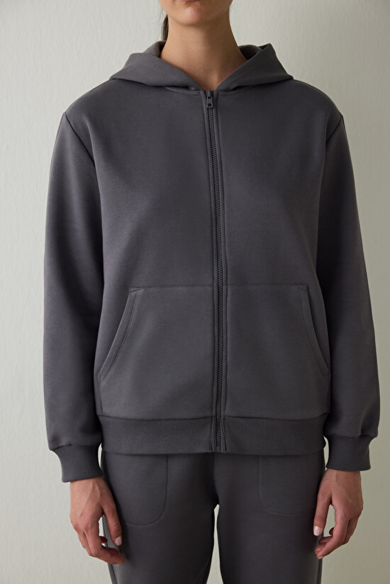 Gray Zippered Hooded Sports Sweatshirt - 5