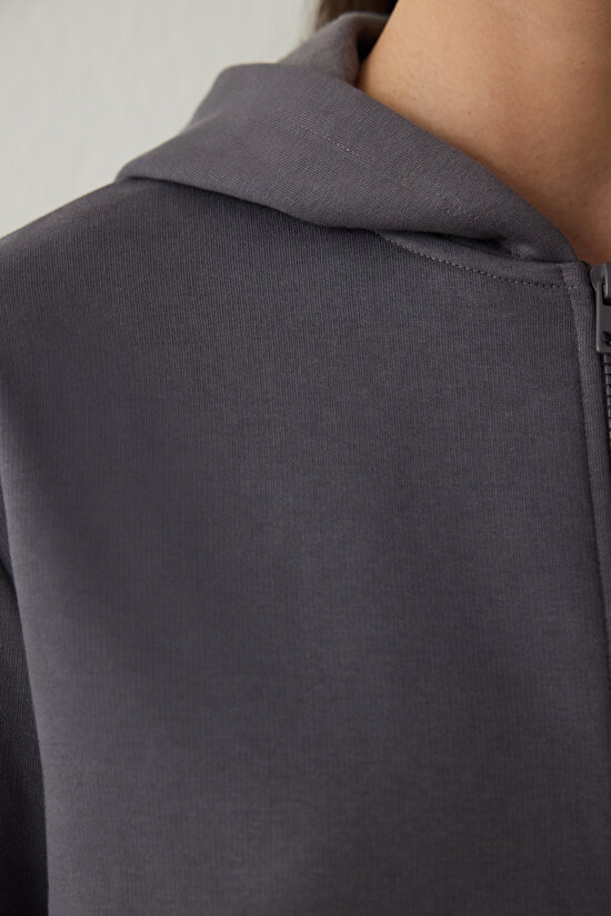 Gray Zippered Hooded Sports Sweatshirt - 6
