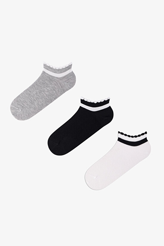 3 Çift Burun Dikişsiz Pamuklu Bilek Detaylı Fırfırlı Patik Çorap - 1