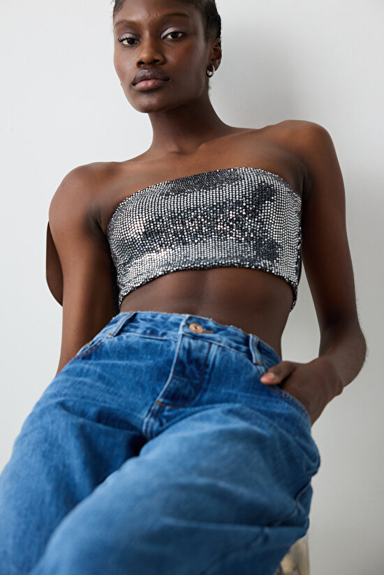 Gümüş Rengi Straplez Üst - 6