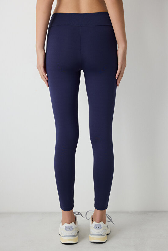 Koyu İndigo Yüksek Bel Korse Görünümlü Bilek Boy Tayt - 3