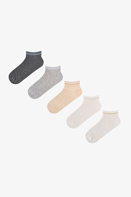 Ecru Black Shiny Line Jakarlı Zebra Print 5 Pack Liner Socks - 1