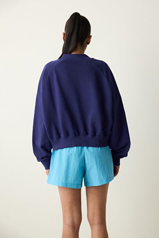 Koyu Indigo Fermuarlı Dik Yaka Bomber Ceket - 4