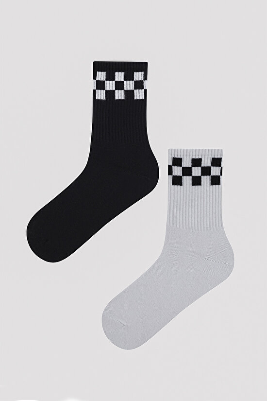Erkek Siyah Beyaz Desenli 2li Soket Çorap - 1