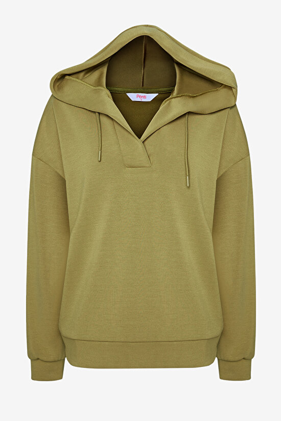 Hardal Renk V Yaka Kapüşonlu Silky Touch Sweatshirt Hardal Renk V Yaka Kapüşonlu Silky Touch Sweatshirt - 8