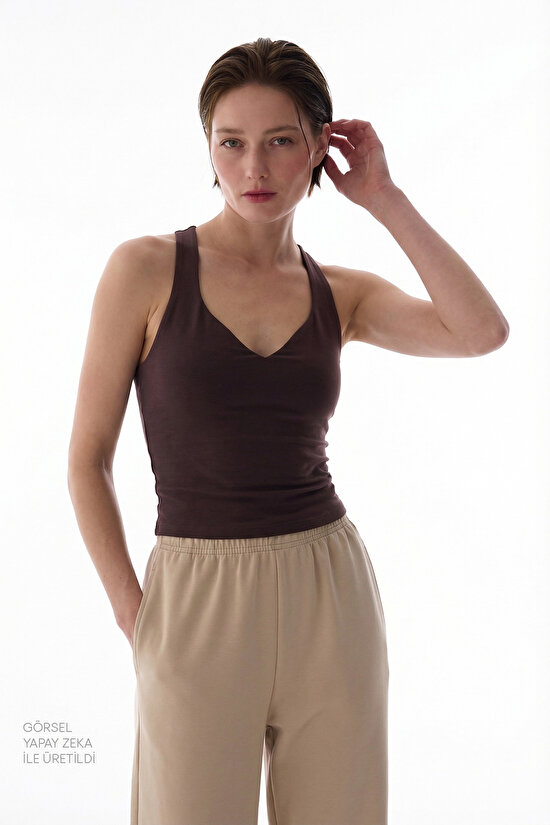 Kahverengi Sırtı Büzgülü Kalp Yaka Pamuk Modal Karışımlı Üst - 3