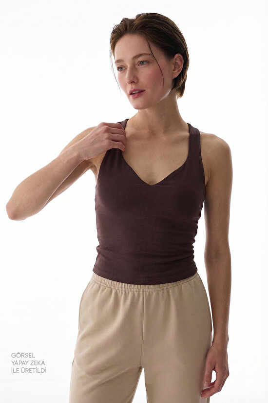 Kahverengi Sırtı Büzgülü Kalp Yaka Pamuk Modal Karışımlı Üst - 4