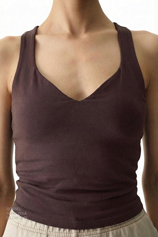 Kahverengi Sırtı Büzgülü Kalp Yaka Pamuk Modal Karışımlı Üst - 5