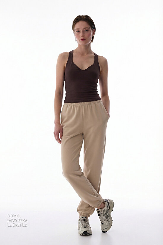 Kahverengi Sırtı Büzgülü Kalp Yaka Pamuk Modal Karışımlı Üst - 6