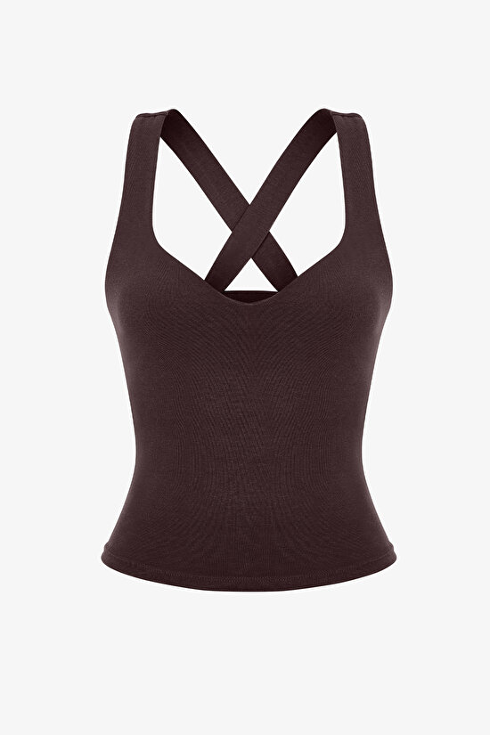 Kahverengi Sırtı Büzgülü Kalp Yaka Pamuk Modal Karışımlı Üst - 7