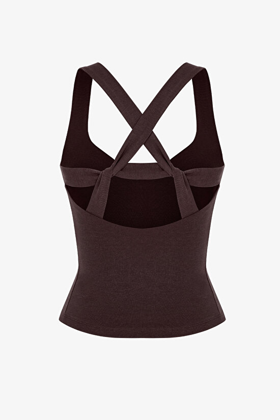 Kahverengi Sırtı Büzgülü Kalp Yaka Pamuk Modal Karışımlı Üst - 8