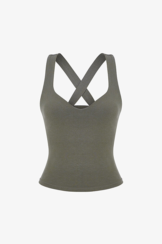 Khaki Ruched Back Sweetheart Neck Cotton Modal Blend Top - 1