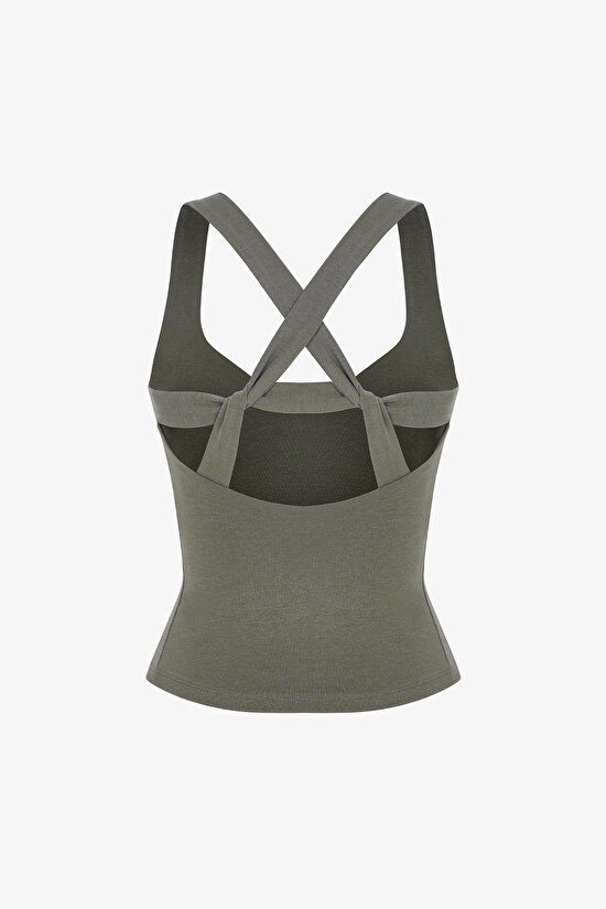 Khaki Ruched Back Sweetheart Neck Cotton Modal Blend Top - 2