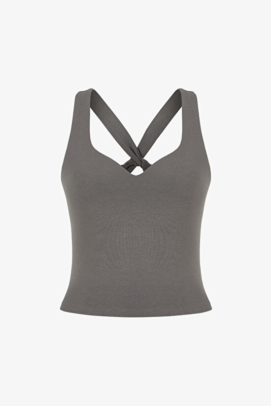 Haki Sırtı Büzgülü Kalp Yaka Pamuk Modal Karışımlı Üst - 6