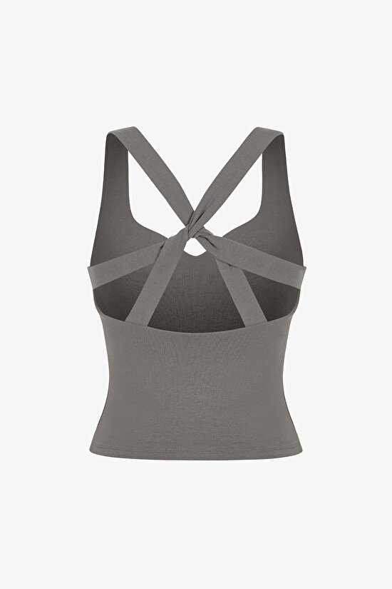 Haki Sırtı Büzgülü Kalp Yaka Pamuk Modal Karışımlı Üst - 7