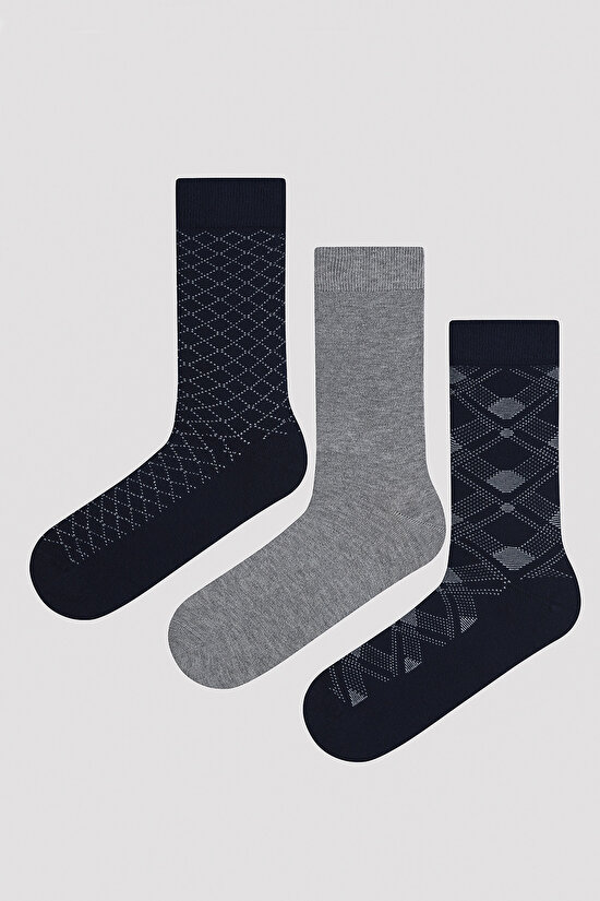 Erkek Square Siyah Gri 3lü Soket Çorap - 1
