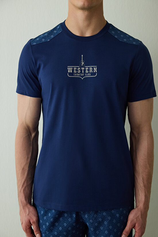İndigo Erkek Western Sloganlı Kısa Kollu Pamuklu Pijama Takımı - 3